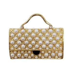 Gold Pearl Chic Purse Coco Paris Coat Pin Brooch